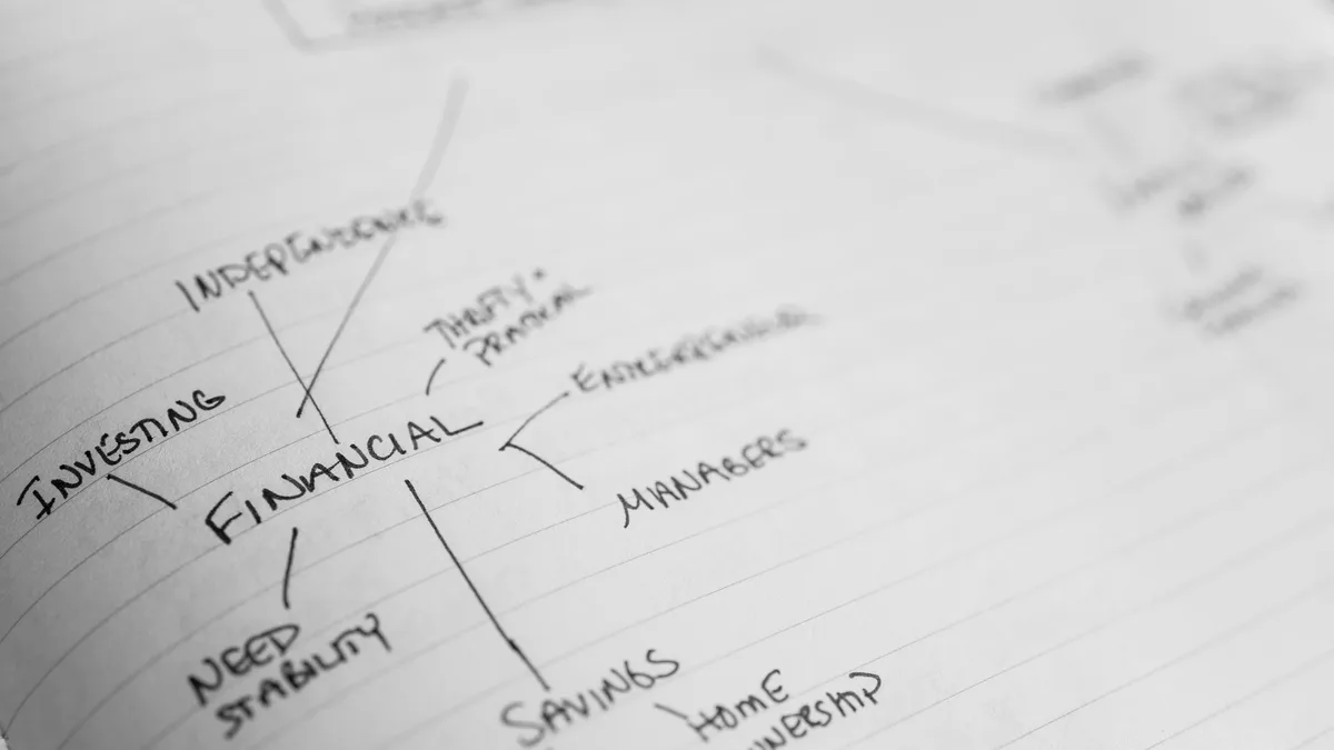 A close-up of a notebook page with handwritten notes on financial planning, including the words "INVESTING", "FINANCIAL", "NEED STABILITY", "SAVINGS", and "HOME OWNERSHIP".