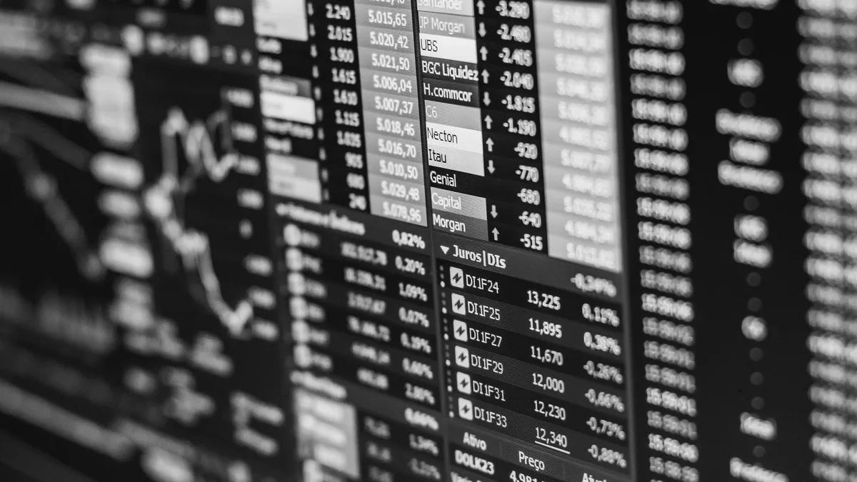 A stock market ticker board displaying a list of stock prices and their corresponding changes.